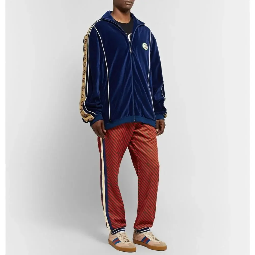 Gucci Diagonal Stripe Tech Jersey Track Pants Webbing Trim Red Green Mens Medium